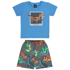 Conjunto Camisa Meia Manga em Malha e Bermuda em Microfibra Dino - Azul Ethereal