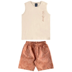 Conjunto Camiseta Regata em Malha e Bermuda em Microfibra - Bege