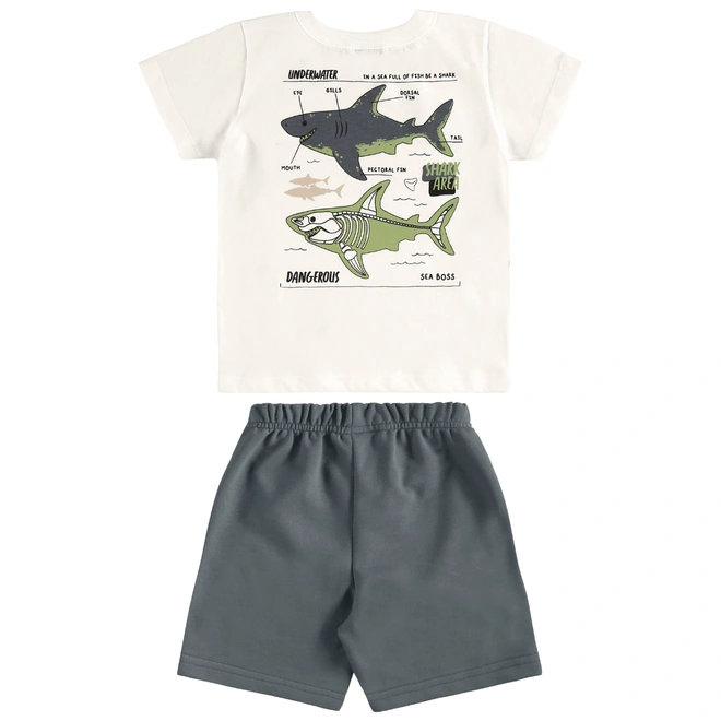 Conjunto Camisa Meia Manga em Malha e Bermuda em Microfibra Tubarão - Natural