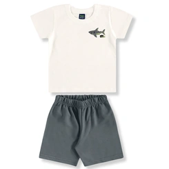 Conjunto Camisa Meia Manga em Malha e Bermuda em Microfibra Tubarão - Natural