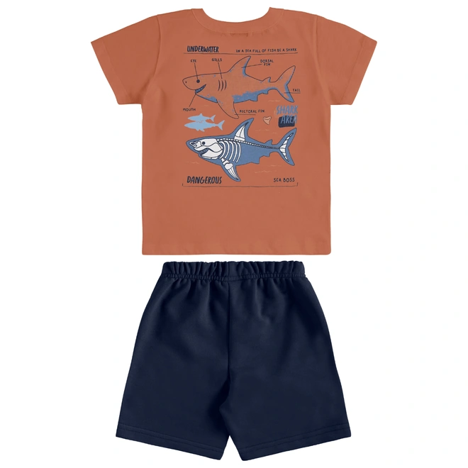 Conjunto Camisa Meia Manga em Malha e Bermuda em Microfibra Tubarão - Marrom Argila