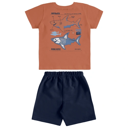Conjunto Camisa Meia Manga em Malha e Bermuda em Microfibra Tubarão - Marrom Argila