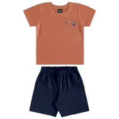 Conjunto Camisa Meia Manga em Malha e Bermuda em Microfibra Tubarão - Marrom Argila