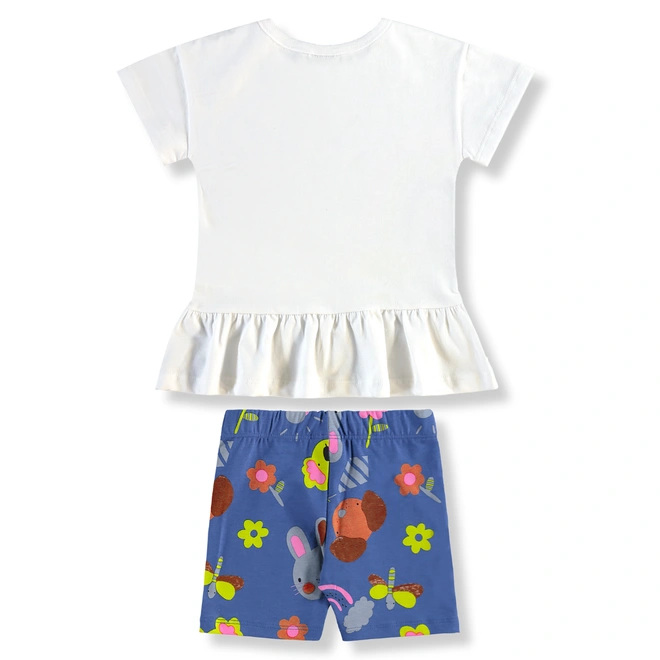 Conjunto Blusa em Malha e Bermuda em Cotton Floral - Branco/Azul