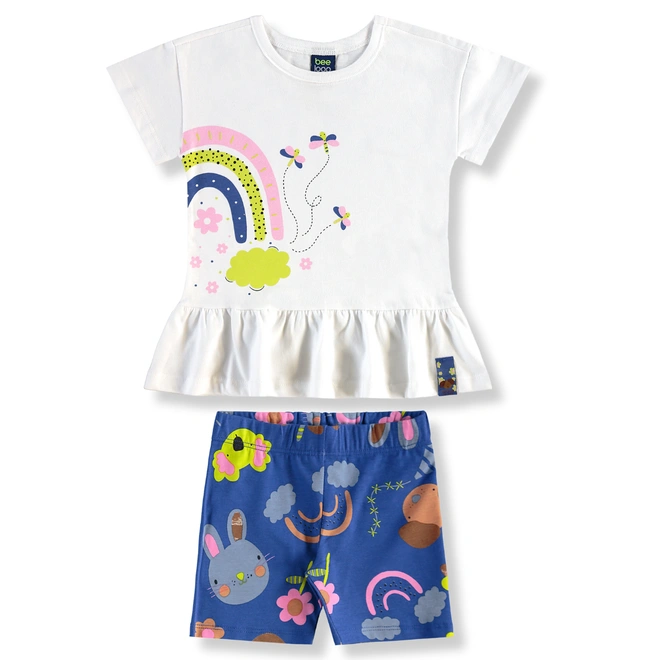 Conjunto Blusa em Malha e Bermuda em Cotton Floral - Branco/Azul