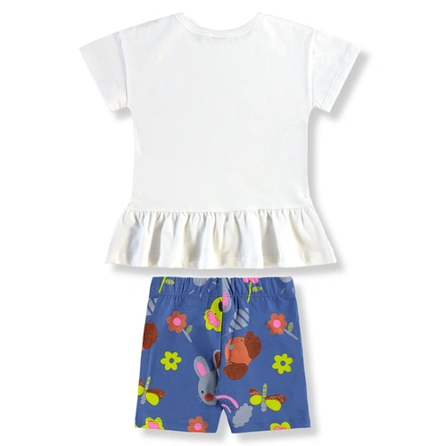 Conjunto Blusa em Malha e Bermuda em Cotton Floral - Branco/Azul