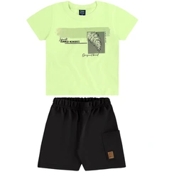 Conjunto Camisa Meia Manga em Malha e Bermuda em Moletom -Verde Limão
