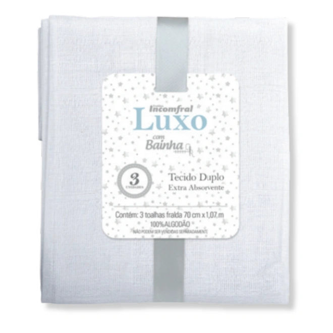 Toalha Fralda Luxo Lisa com Bainha Tecido Duplo - 3 unidades - Branco