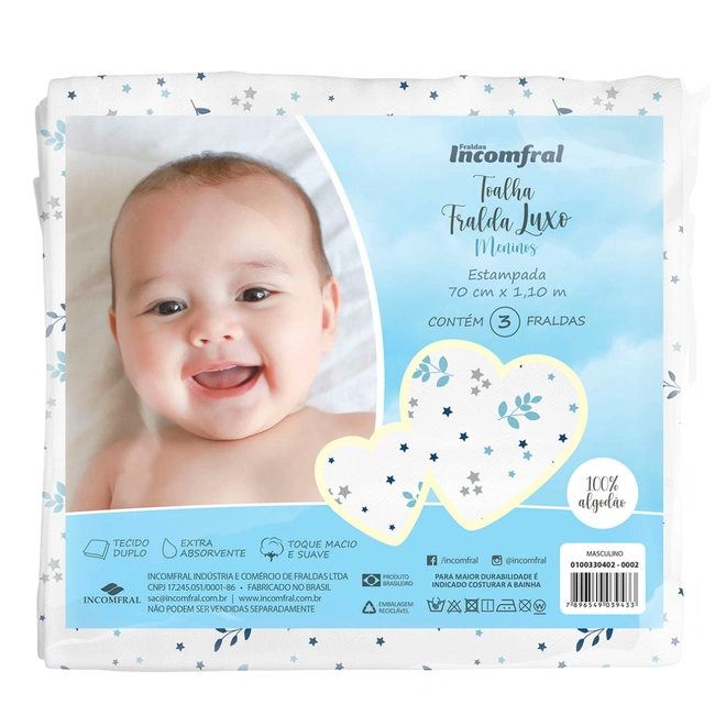 Toalha Fralda Luxo Estampada - 3 unidades