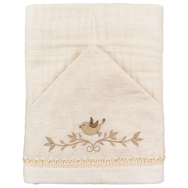 Toalha Soft Com Capuz Bordado Baby Joy Essência Lisa com Vira e Renda - Pássaro Natural