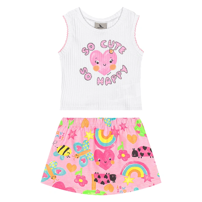 Conjunto Blusa em Ribana e Short-saia em Cotton Estampa Abstrata - Branco Especial