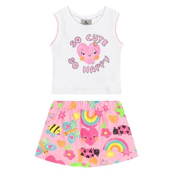 Conjunto Blusa em Ribana e Short-saia em Cotton Estampa Abstrata - Branco Especial