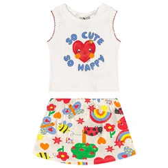 Conjunto Blusa em Ribana e Short-saia em Cotton Estampa Abstrata - Natural