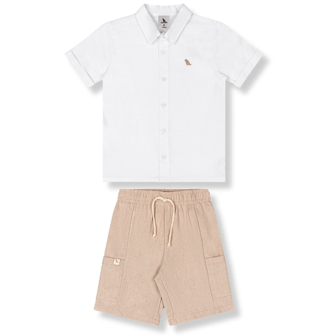 Conjunto Camisa em Tecido e Bermuda em Tecido Sarjado - Branco Especial