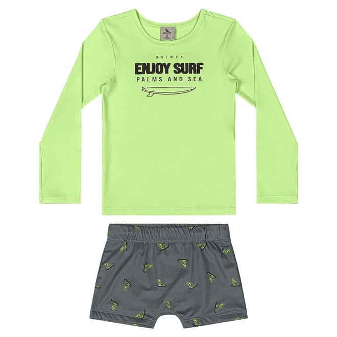 Conjunto Camisa Manga Longa e Sunga de Praia em Malha Poliéster - Verde Paraíso