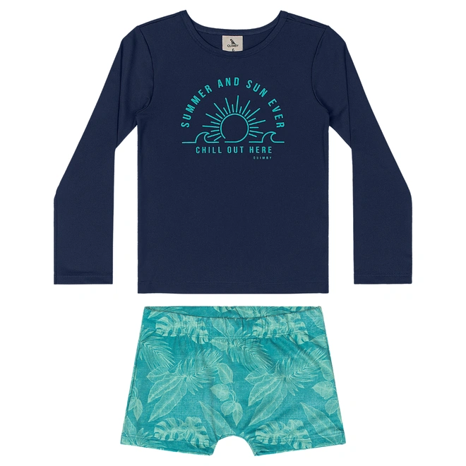 Conjunto Camisa Manga Longa e Sunga de Praia em Malha Poliéster - Azul Marinho