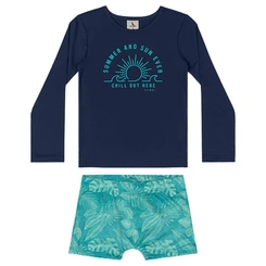 Conjunto Camisa Manga Longa e Sunga de Praia em Malha Poliéster - Azul Marinho