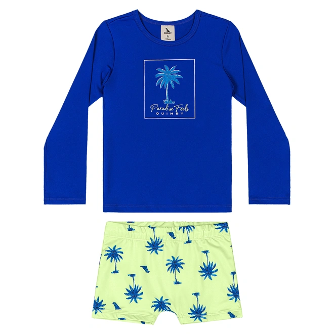Conjunto Camisa Manga Longa e Sunga de Praia em Malha Poliéster - Azul Médio
