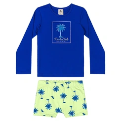 Conjunto Camisa Manga Longa e Sunga de Praia em Malha Poliéster - Azul Médio