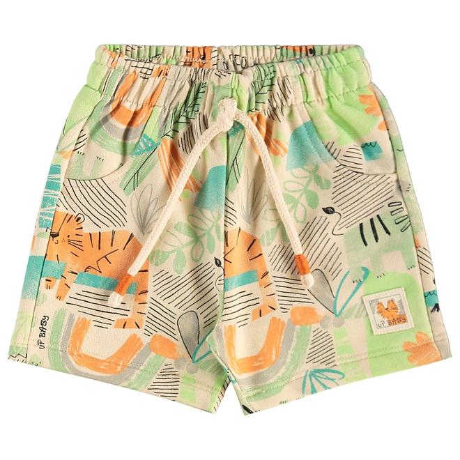 Conjunto Camiseta em Malha e Bermuda em Moletom sem Felpa Estampa Tigre Abstrato - Bege