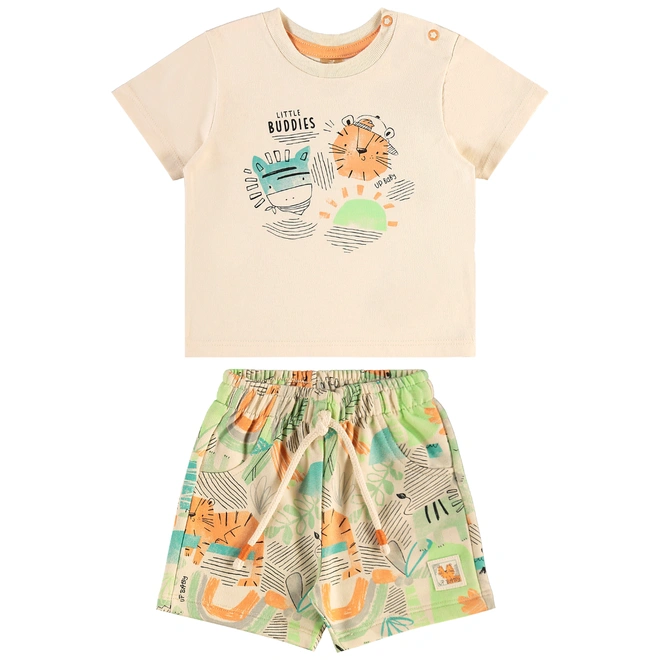 Conjunto Camiseta em Malha e Bermuda em Moletom sem Felpa Estampa Tigre Abstrato - Bege