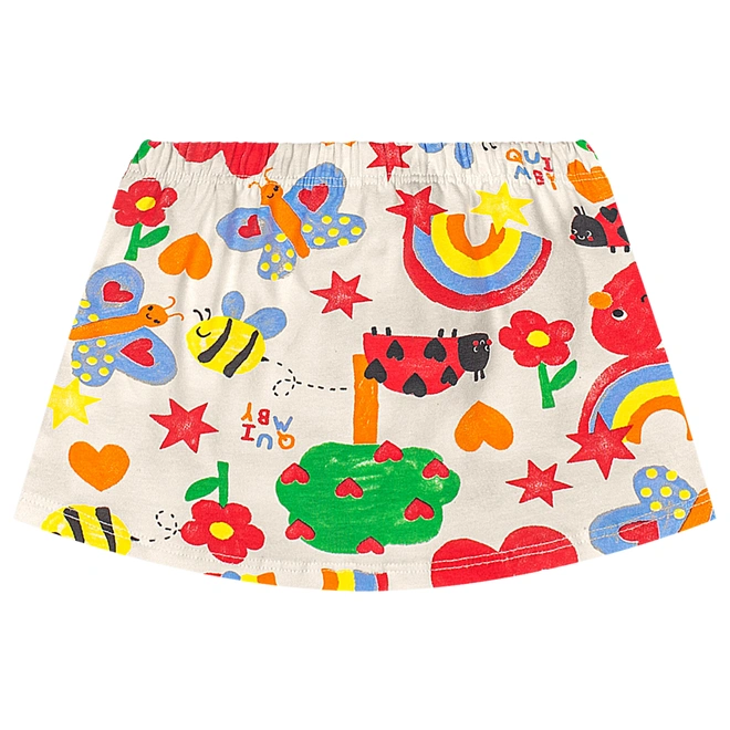 Conjunto Blusa em Ribana e Short-saia em Cotton Estampa Abstrata - Natural