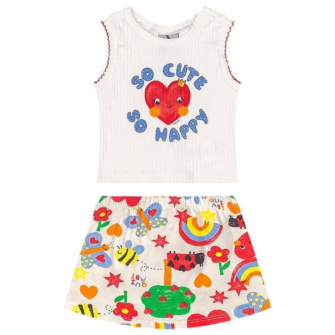 Conjunto Blusa em Ribana e Short-saia em Cotton Estampa Abstrata - Natural