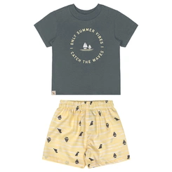 Conjunto Camisa Meia Manga em Malha e Bermuda em Microfibra - Chumbo