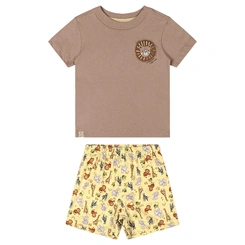 Conjunto Camisa Meia Manga em Malha e Bermuda em Microfibra Estampa de Bichos - Caqui
