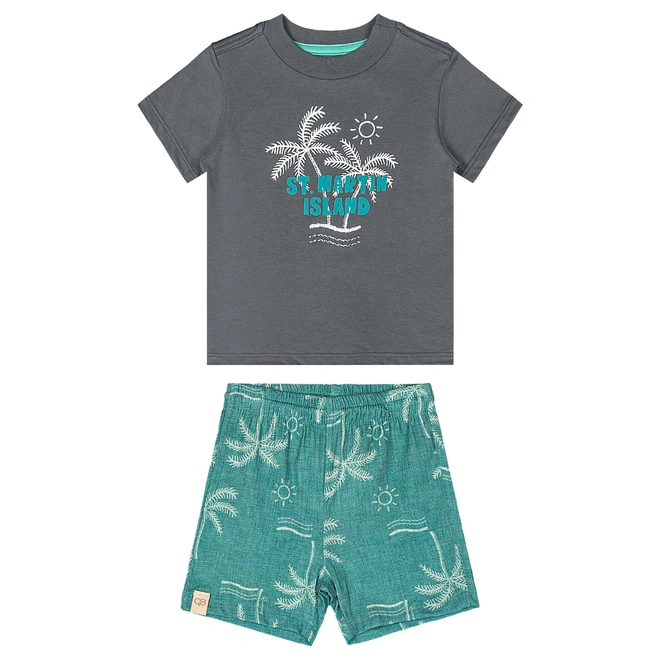 Conjunto Camisa Meia Manga em Malha e Bermuda em Viscose Estampa Coqueiros - Chumbo