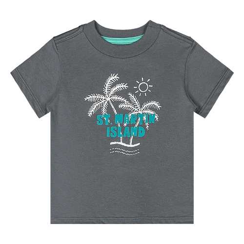 Conjunto Camisa Meia Manga em Malha e Bermuda em Viscose Estampa Coqueiros - Chumbo