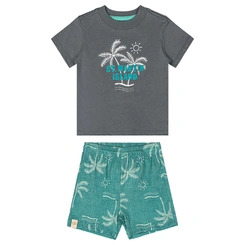 Conjunto Camisa Meia Manga em Malha e Bermuda em Viscose Estampa Coqueiros - Chumbo