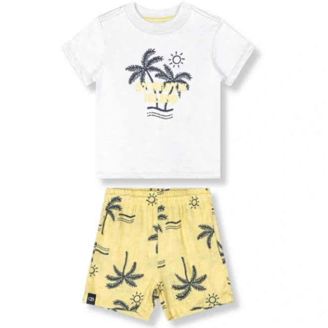 Conjunto Camisa Meia Manga em Malha e Bermuda em Viscose Estampa Coqueiros - Branco