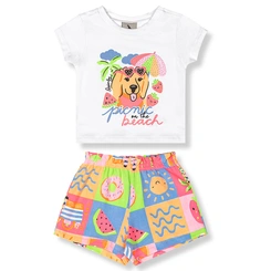 Conjunto Blusa Meia Manga e Short em Cotton Picnic - Branco/Laranja