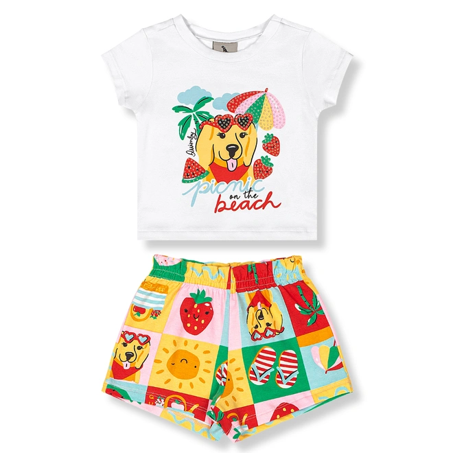 Conjunto Blusa Meia Manga e Short em Cotton Picnic - Branco/Amarelo