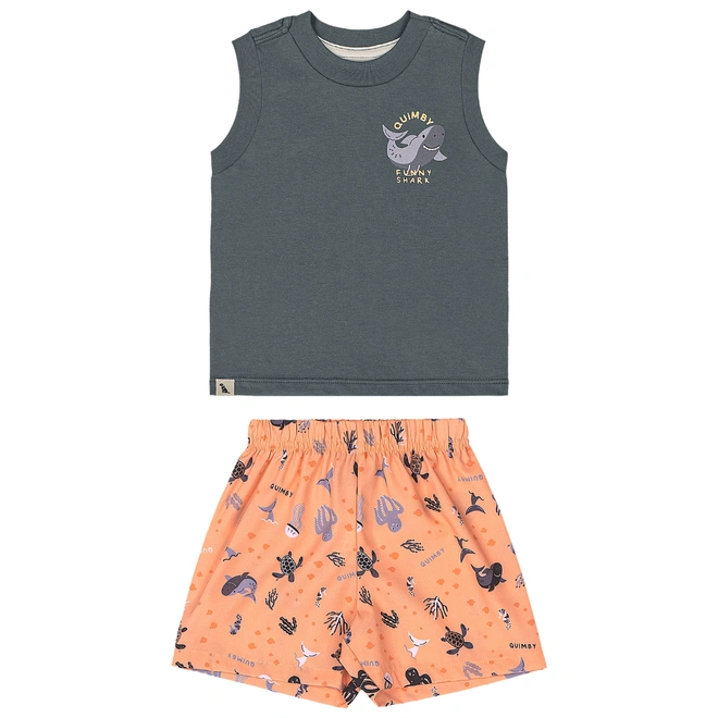 Conjunto Camiseta Regata em Malha e Bermuda em Microfibra - Chumbo