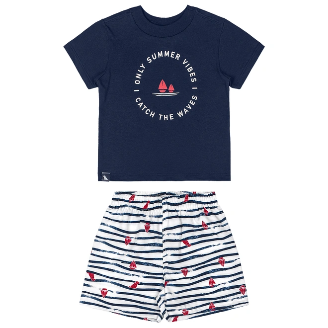 Conjunto Camisa Meia Manga em Malha e Bermuda em Microfibra - Azul Escuro