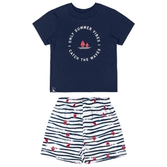 Conjunto Camisa Meia Manga em Malha e Bermuda em Microfibra - Azul Escuro